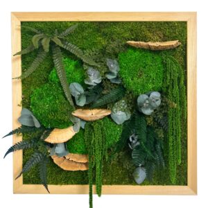 Tableau rond végétal avec feuillages verts et écorce de bois