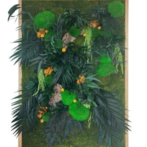 Tableau végétal vert avec écorces de bois