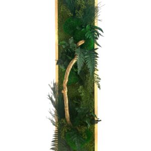 Tableau végétal avec feuillages verts et branche de bois