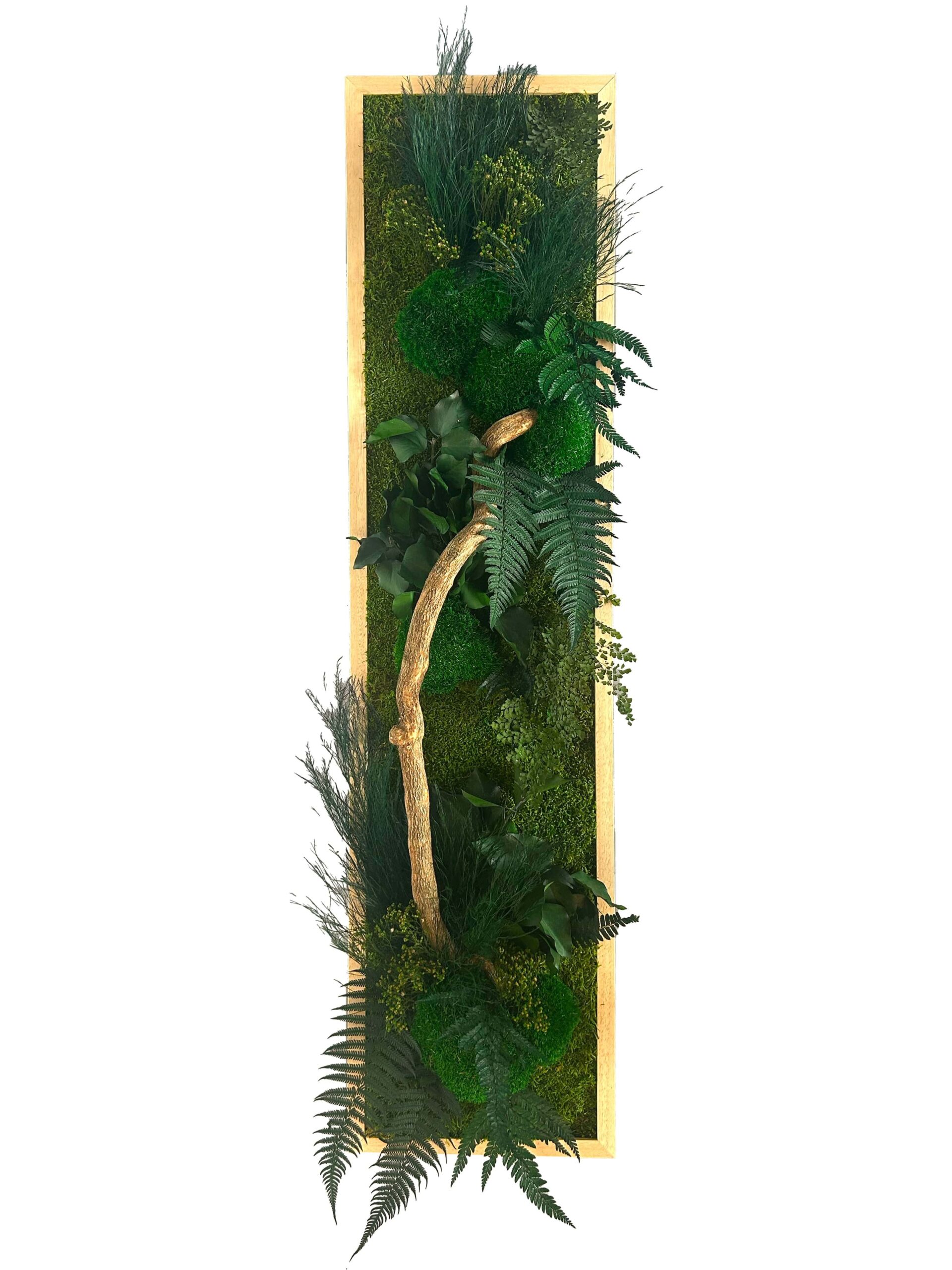 Tableau végétal avec feuillages verts et branche de bois