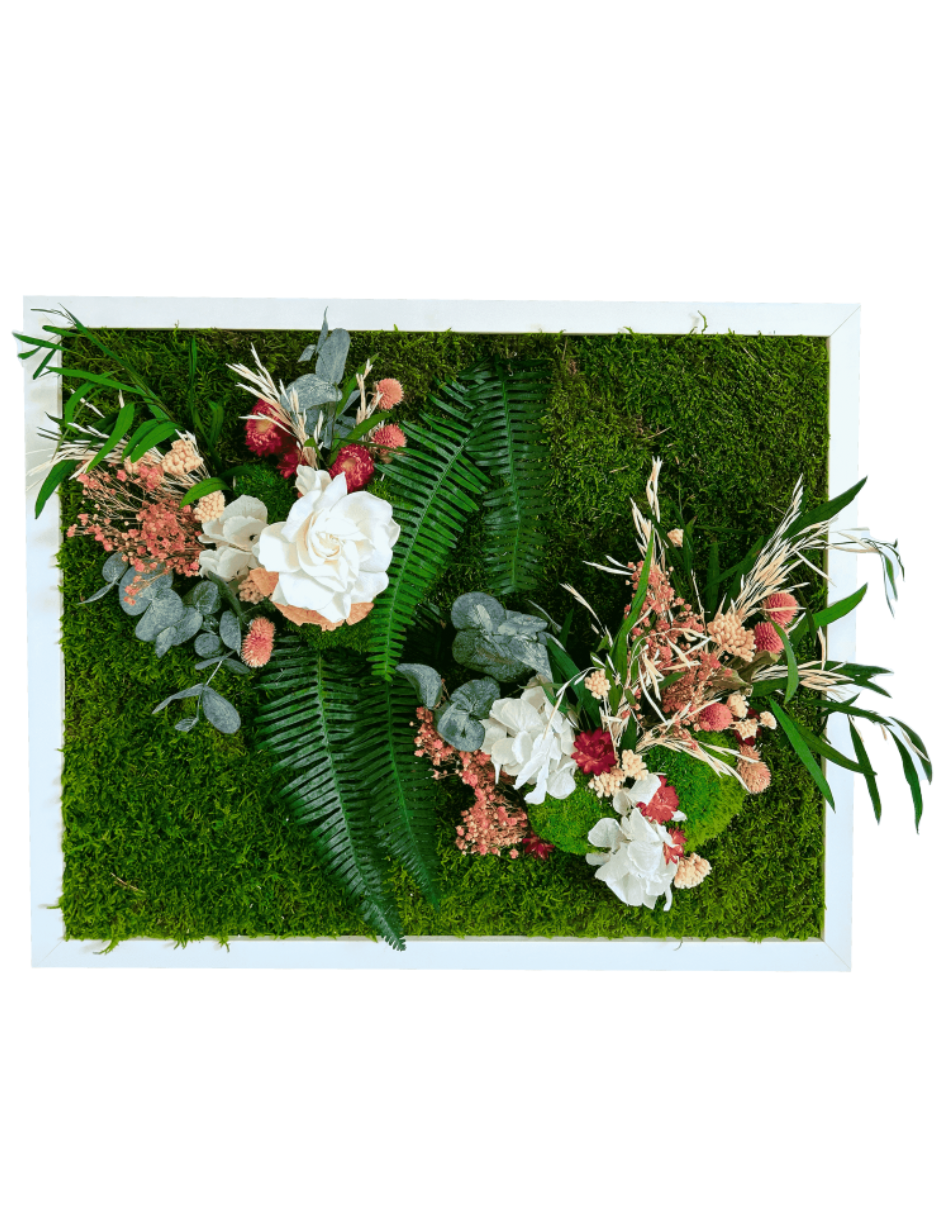 Tableau végétal avec végétaux blancs et roses