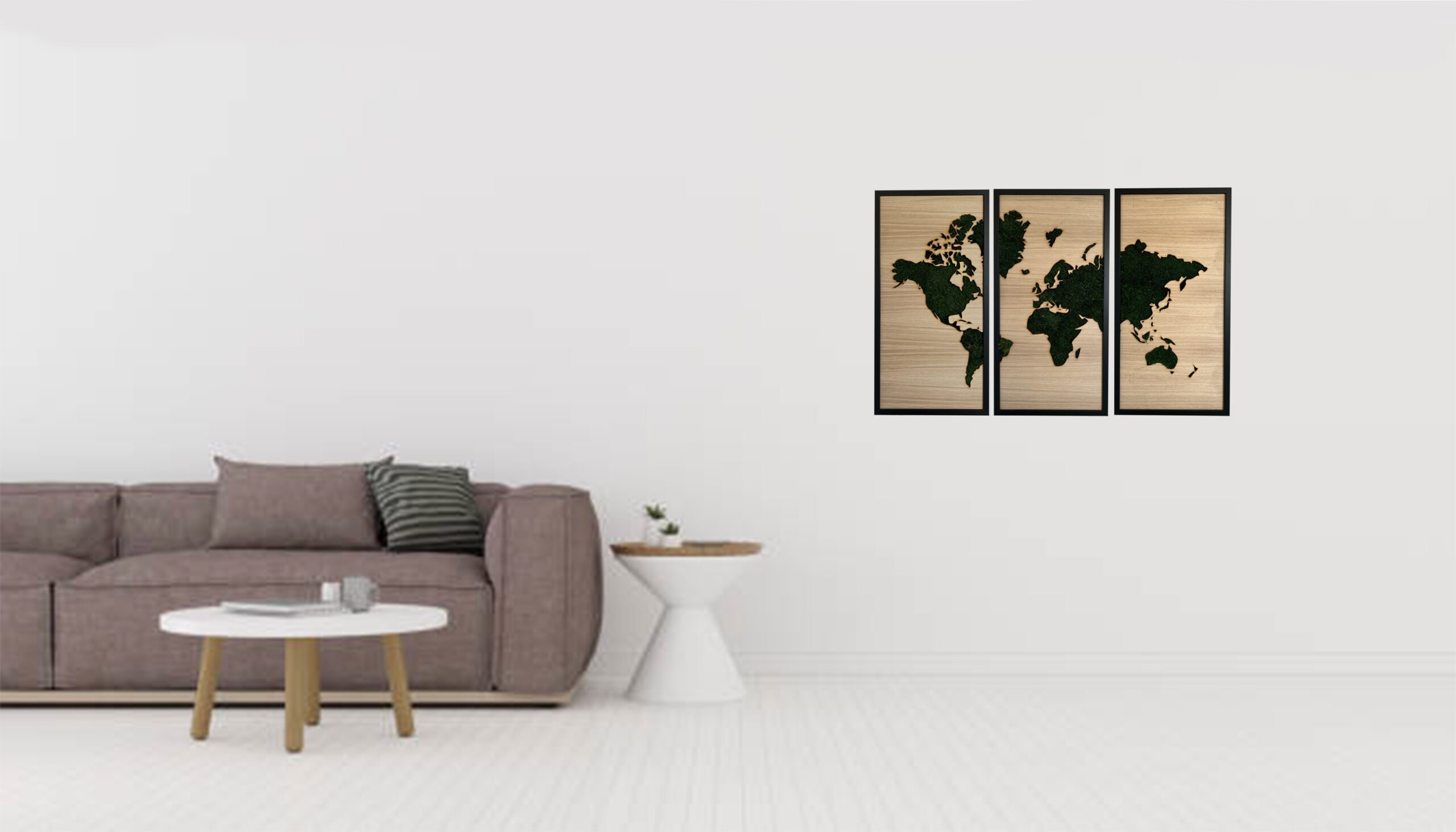 Triptyque végétal avec dessin de la carte du monde