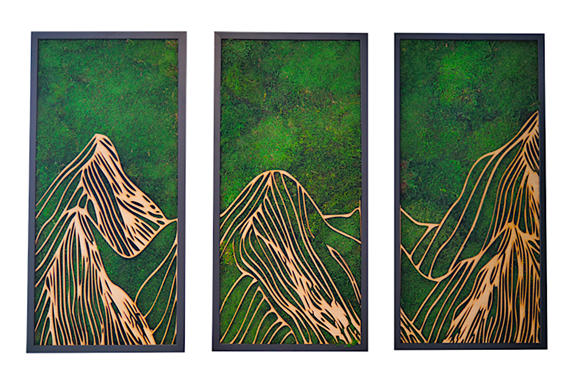 Triptyque végétal avec dessin d'une montagne