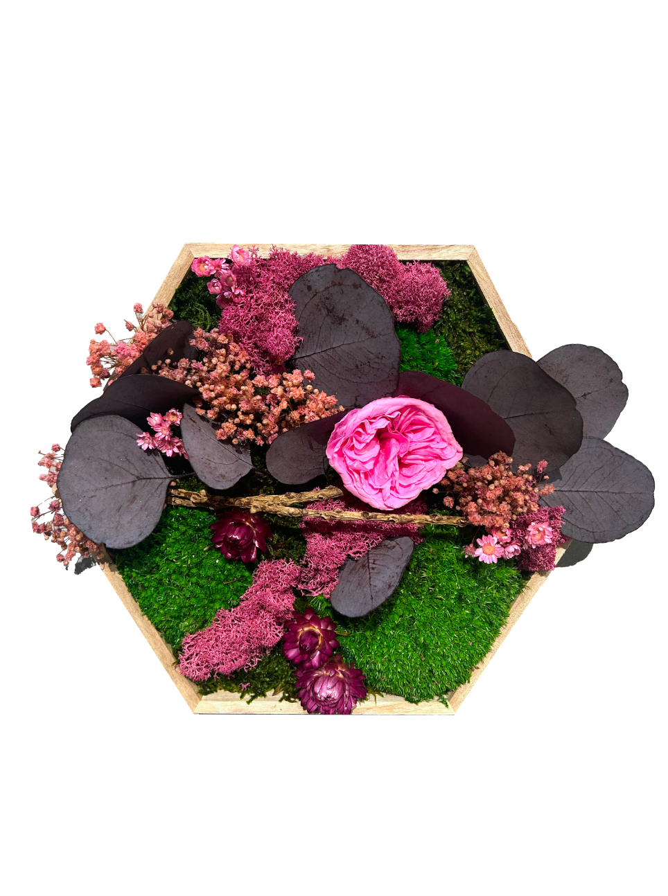 Hexagone végétal stabilisé avec fleurs roses
