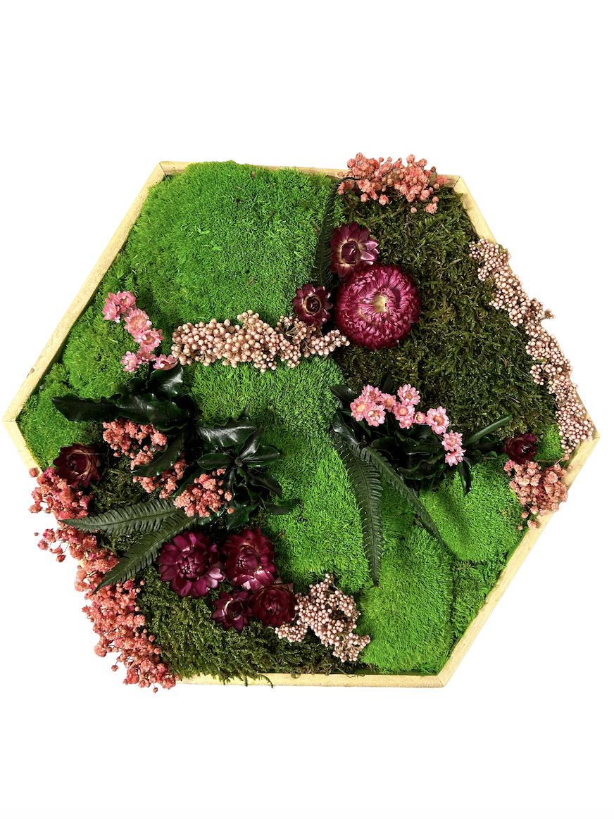 Hexagone végétal avec fleurs roses
