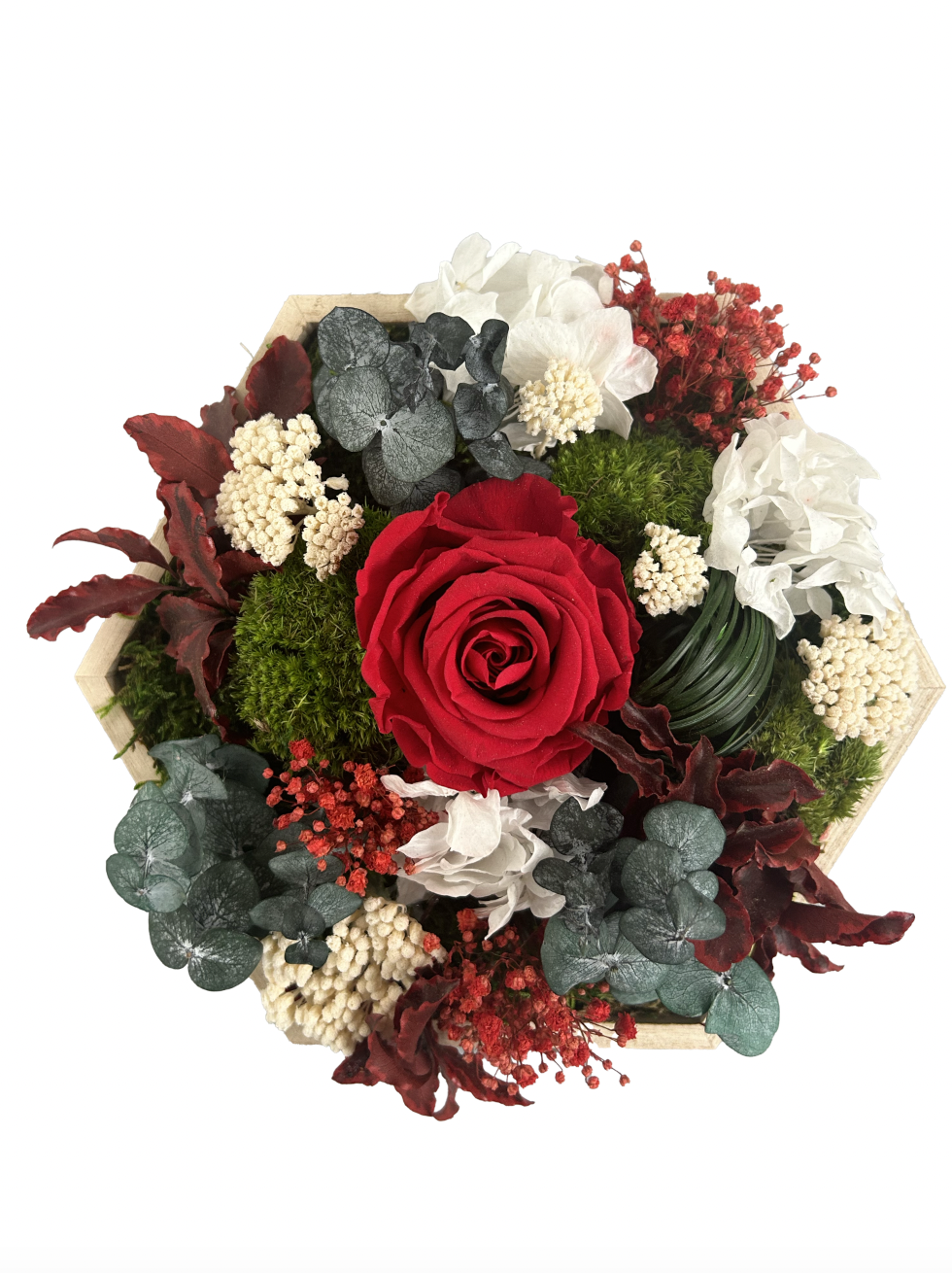 Hexagone végétal stabilisé avec fleurs rouges