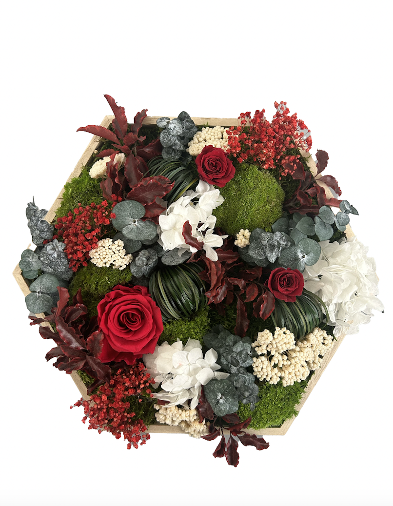 Hexagone végétal avec fleurs rouges