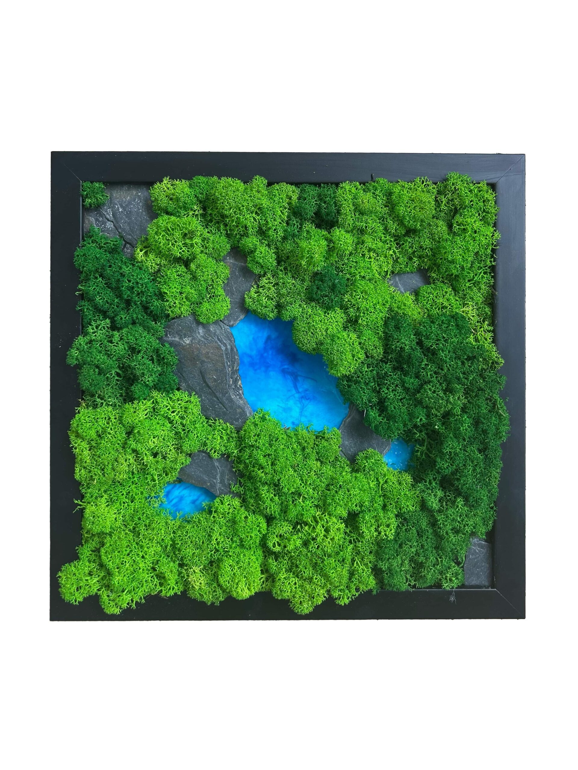 Tableau végétal avec mousse verte et résine bleue