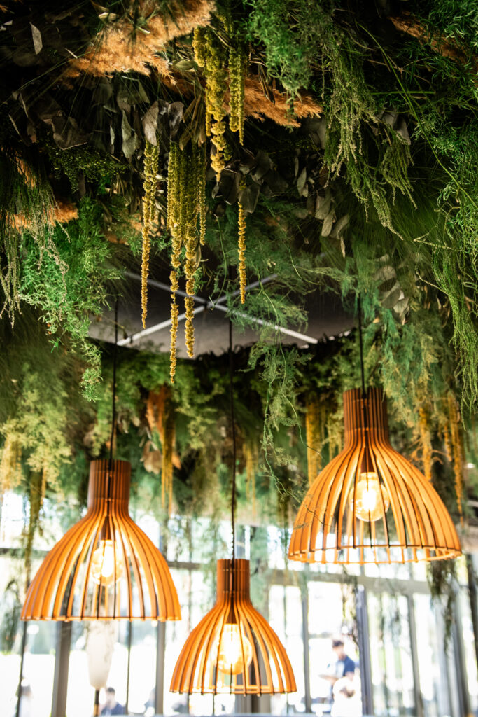 Détail du plafond végétal stabilisé et des lustres en bois, restaurant Le Mail à Angers