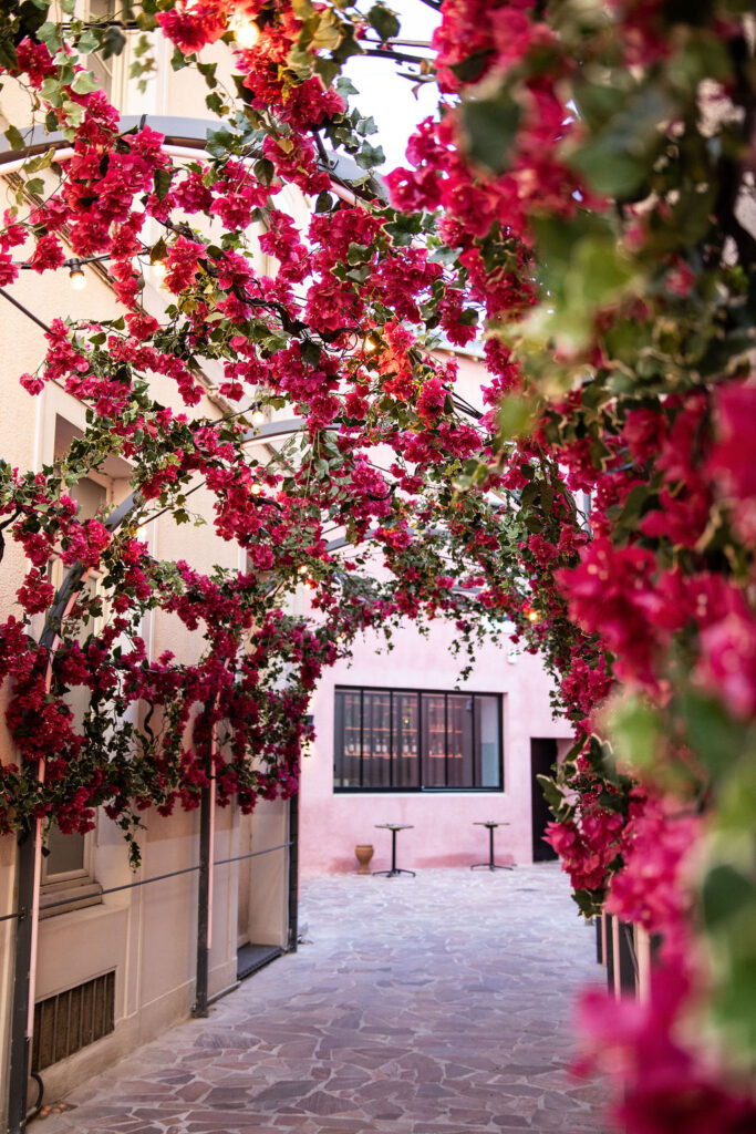 arche fleurie de bougainvillier à l'entrée du restaurant Bambino à Angers